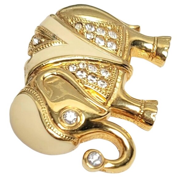 Vintage KJL For Avon Cream Enamel Clear Rhinestone Elephant Brooch Pendant - Picture 3 of 10